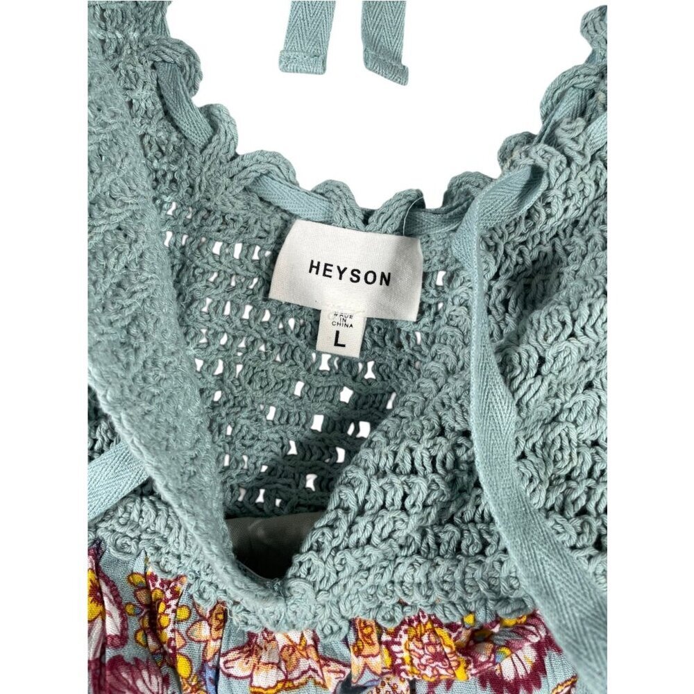 Heyson Floral Crochet Halter Babydoll Mini Dress Shirt Boho Cottagecore Teal SZ - Picture 3 of 9